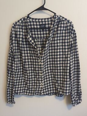 GAP Navy and White Gingham Button-Front Blouse
